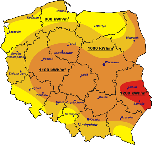 Mapa nasłonecznienia Polski 